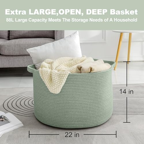 Extra Large Green Woven Basket for Blankets and Toys