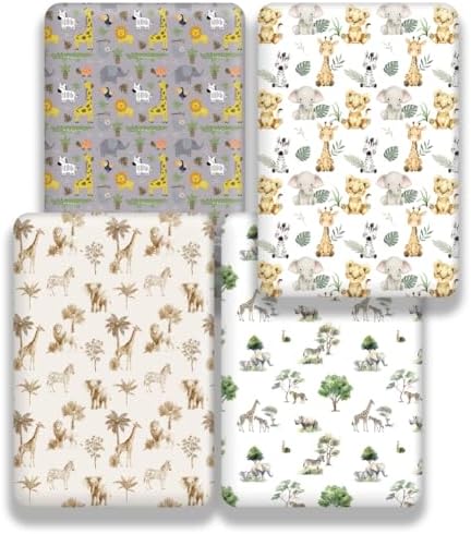 4 Pack Safari Jungle Animals Neutral Baby Sheets Set for Toddler Crib