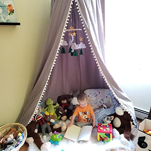 Kids Bed Canopy with Pom Pom Gray Cover