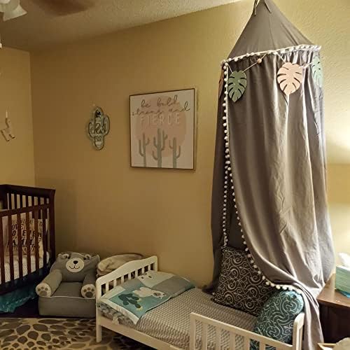 Kids Bed Canopy with Pom Pom Gray Cover