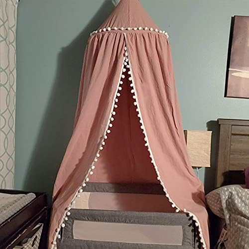 LOAOL Pink Kids Bed Canopy with Pom Pom Decoration